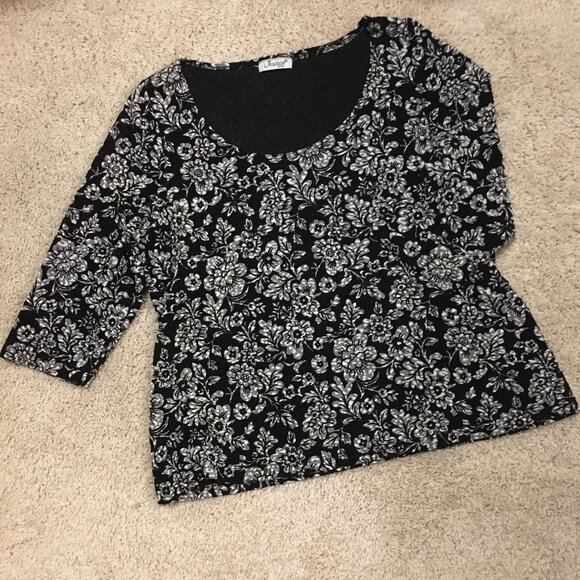 90s Vintage Floral Print Lacy 3/4 Sleeve Top - Picture 12 of 16